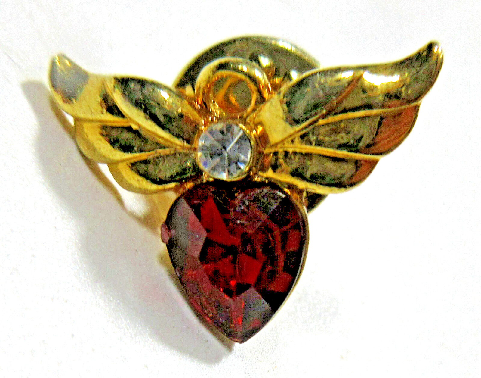 VTG AVON ANGEL WING RED HEART LAPEL TIE TACK PIN Clear Rhinestone gold tone MTL