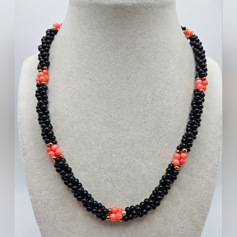 VINTAGE Black Onyx and Coral Twisted Multi-Strand Beaded Necklace Barrel Twist
