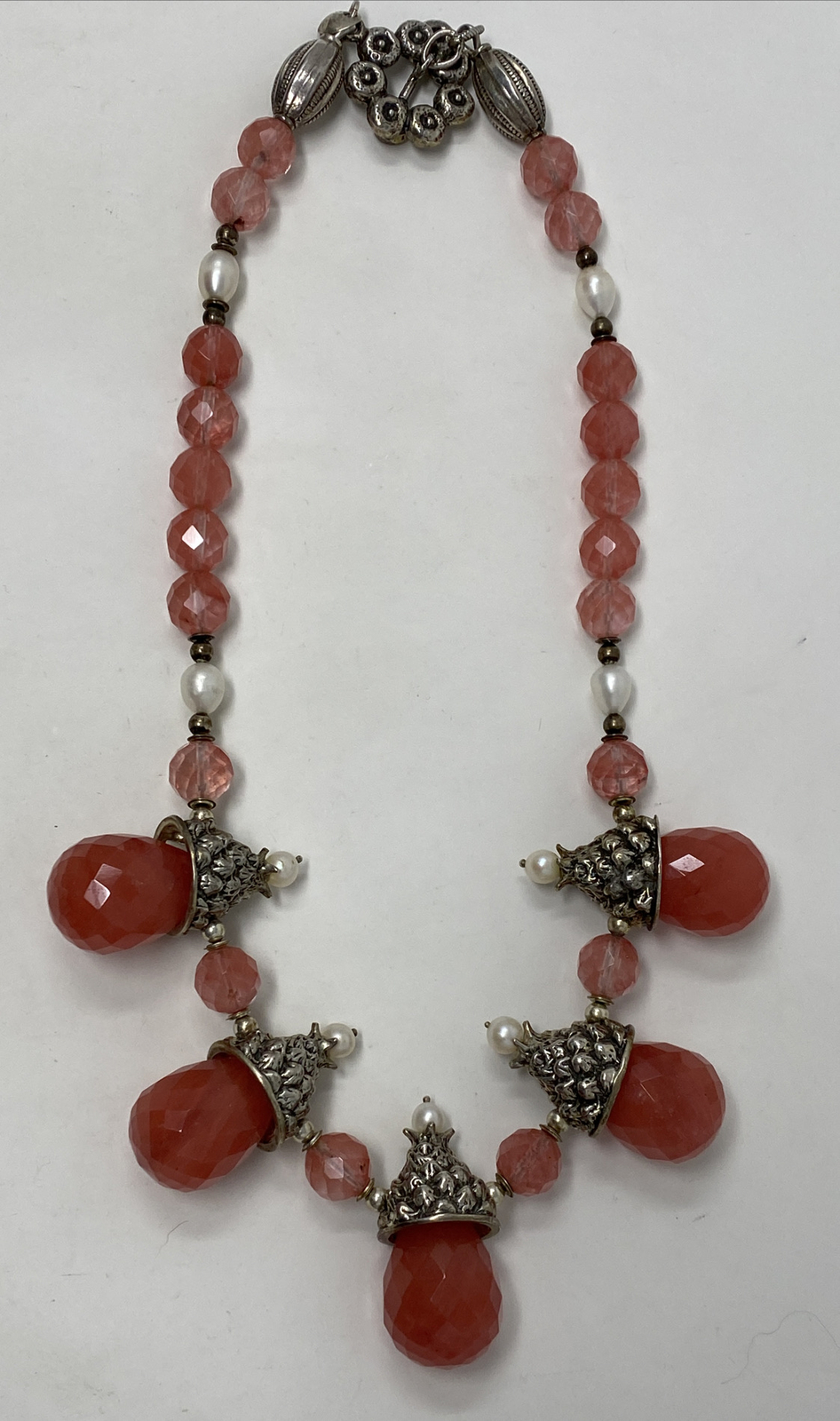 Stunning Artist Signed PF Sterling Silver Rose Quartz Pearl Collar Necklace