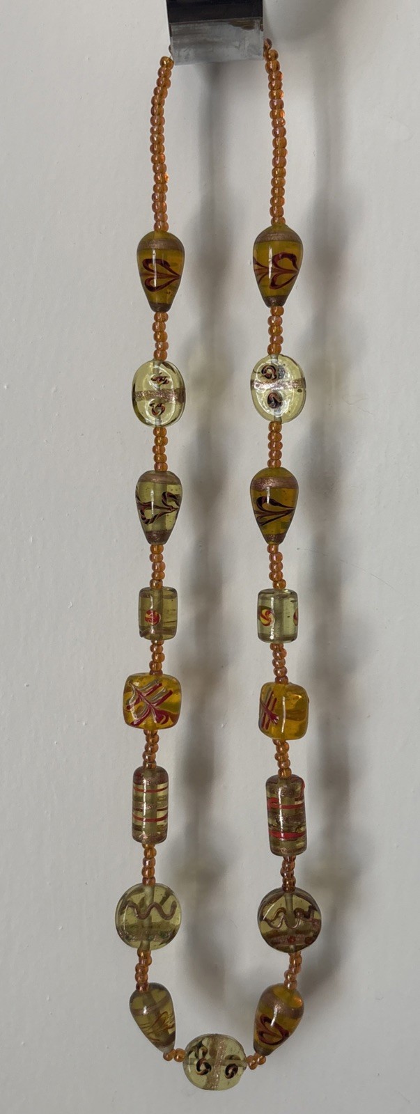 Vintage Hand Blown Glass Beaded Necklace 24”Iridescent Yellow Gold Black Red MCM
