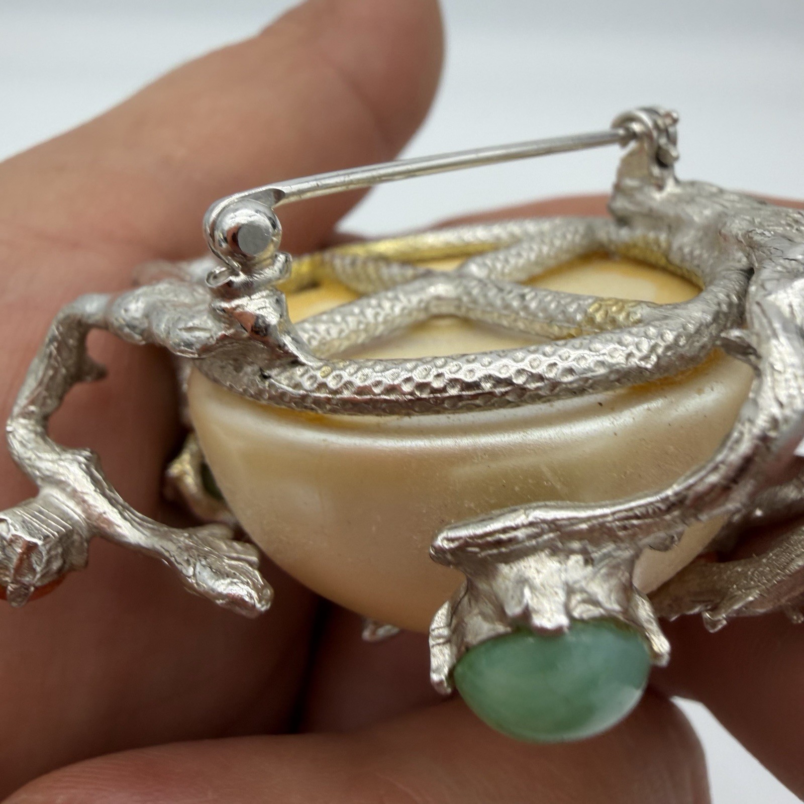 Vtg Huge Faux Pearl Pin Brooch Green Coral Cabochon Branches Rare Estate Read