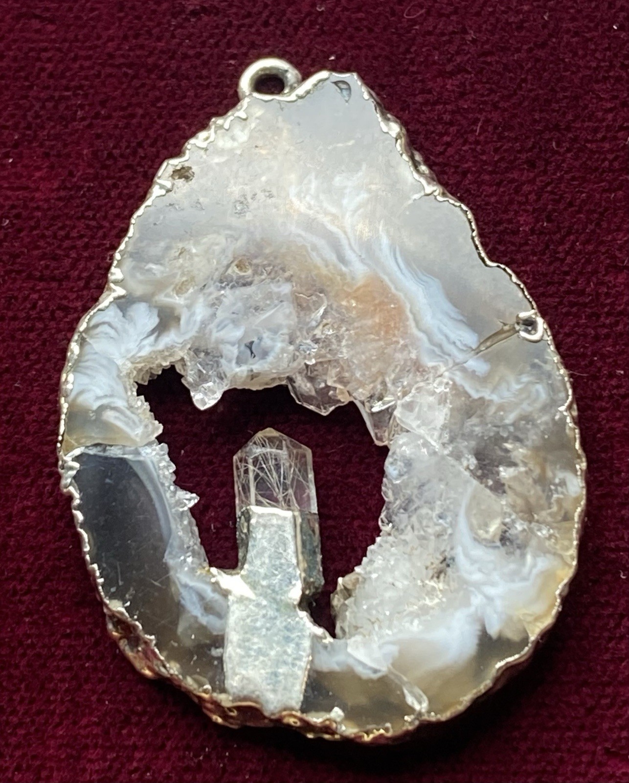 Very Cool Vintage Handcrafted Geode Slice & Rutilated Quartz Crystal Pendant