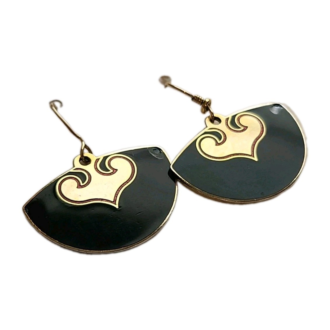 1980s Laurel Burch Deco Fan Earrings Black/Red/Gold Tone Hook