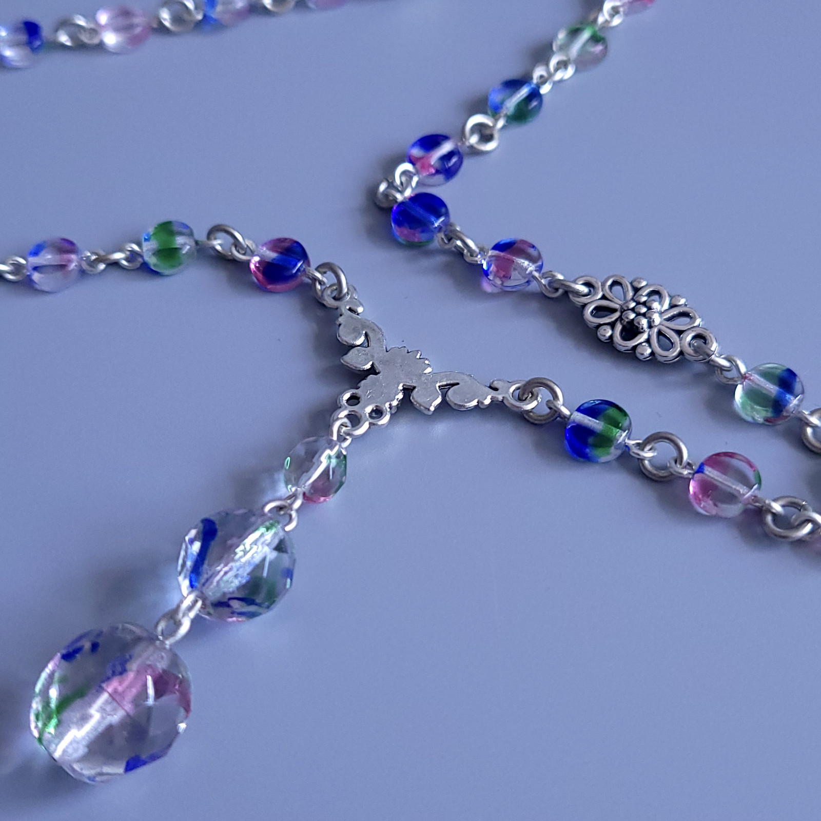 Iris Glass Necklace 19” Multicolor Czech Vintage Beads Women`s Jewelry