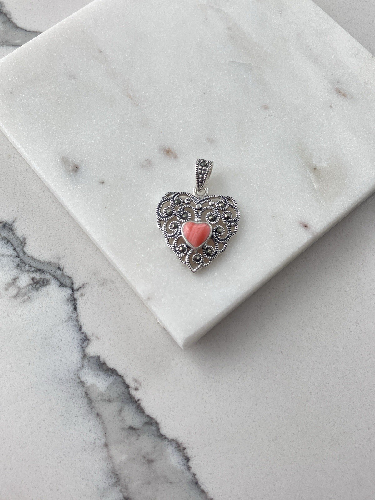 Vintage 925 Sterling Silver Pink Coral Marcasite Heart Pendant