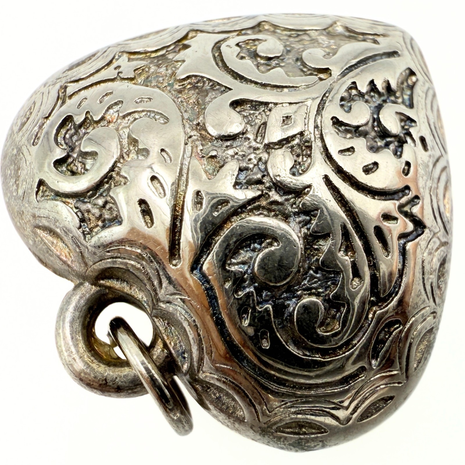 Vintage Sterling Silver Repousse Scrollwork Floral Puff Heart Pendant