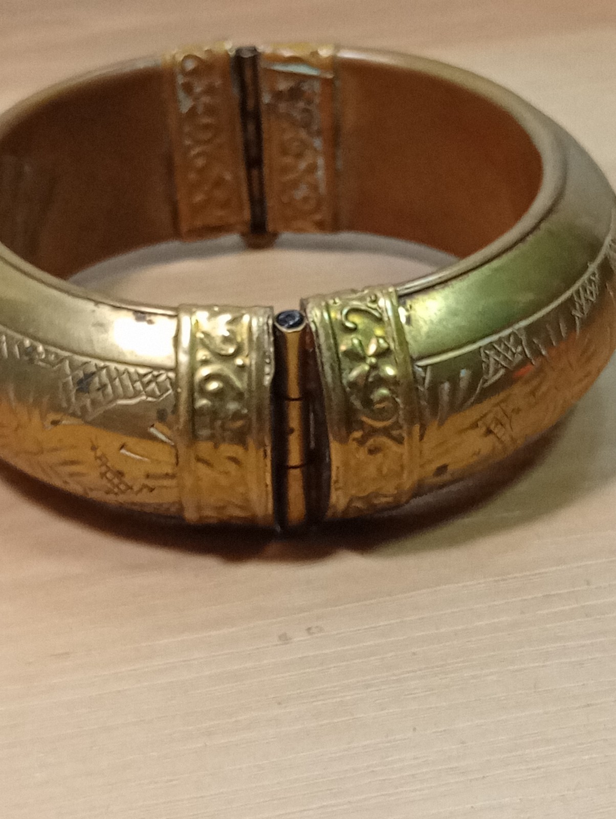 Vintage hinged brass bangle bracelet with etchings/ pin closure Morocco Or India