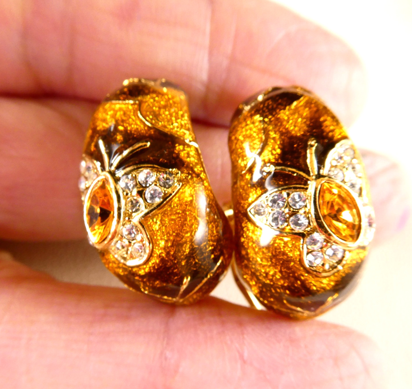 Bracelet & Earrings SET Orange Enamel Crystal Butterfly Fall Colors Signed FL