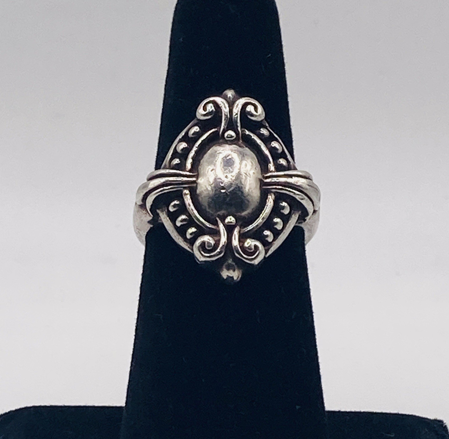 Vintage 925 Sterling Silver Ornate Domed Oval Statement Ring Size 6.75 Openwork