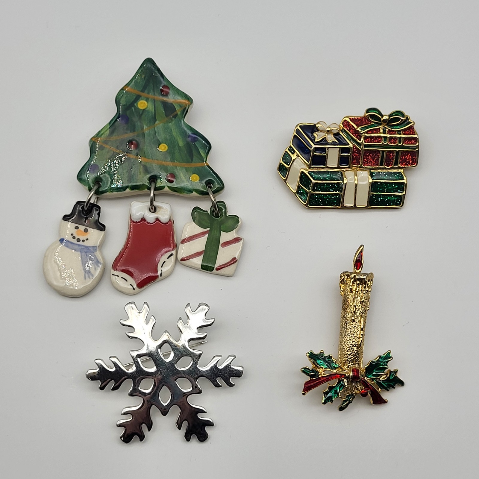 Christmas Brooch Pin Lot Vintage Collection Enamel Ceramic Tree Snowflake