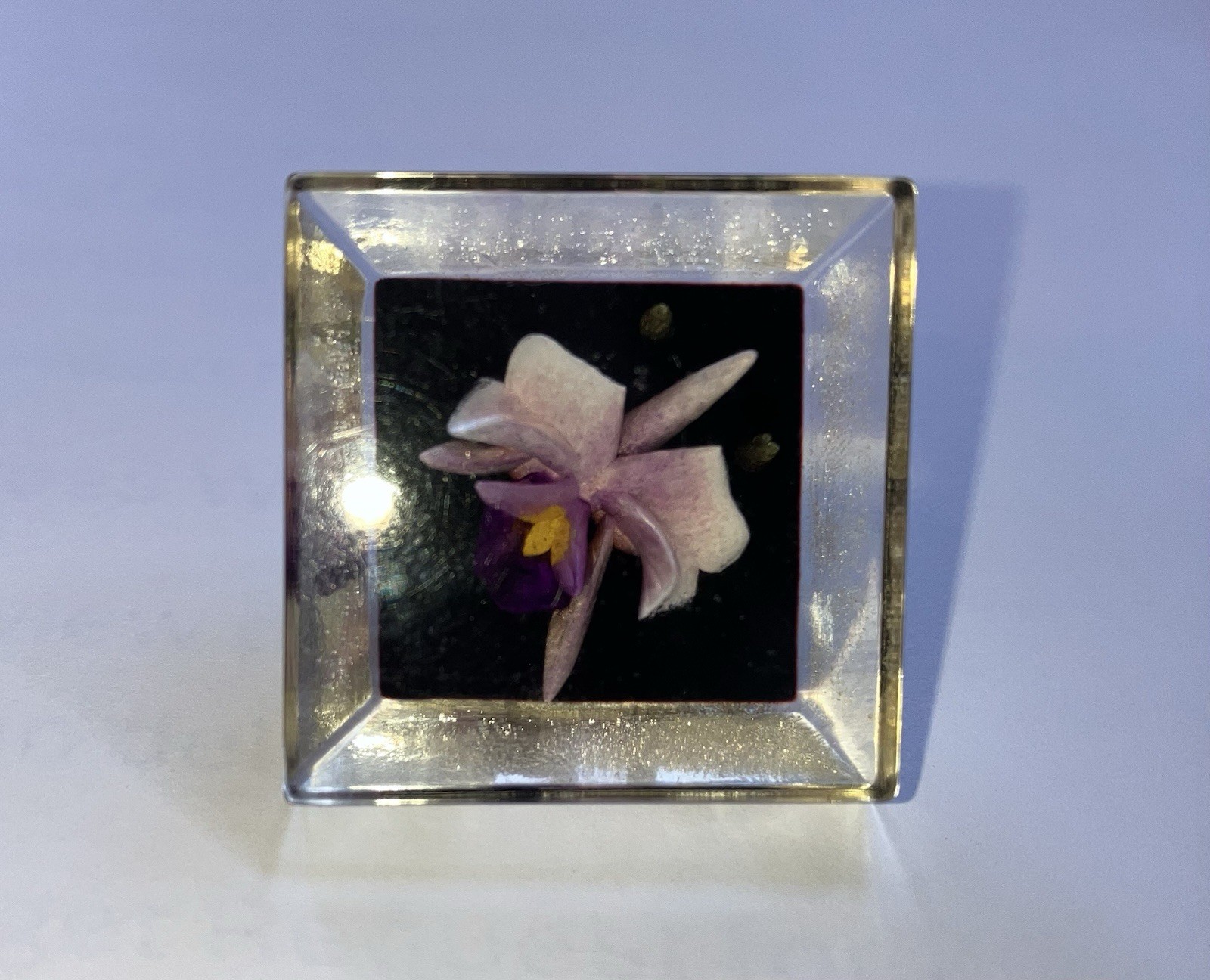 Vintage Reverse LUCITE Carved Purple ORCHID Pin Brooch Clear Floral
