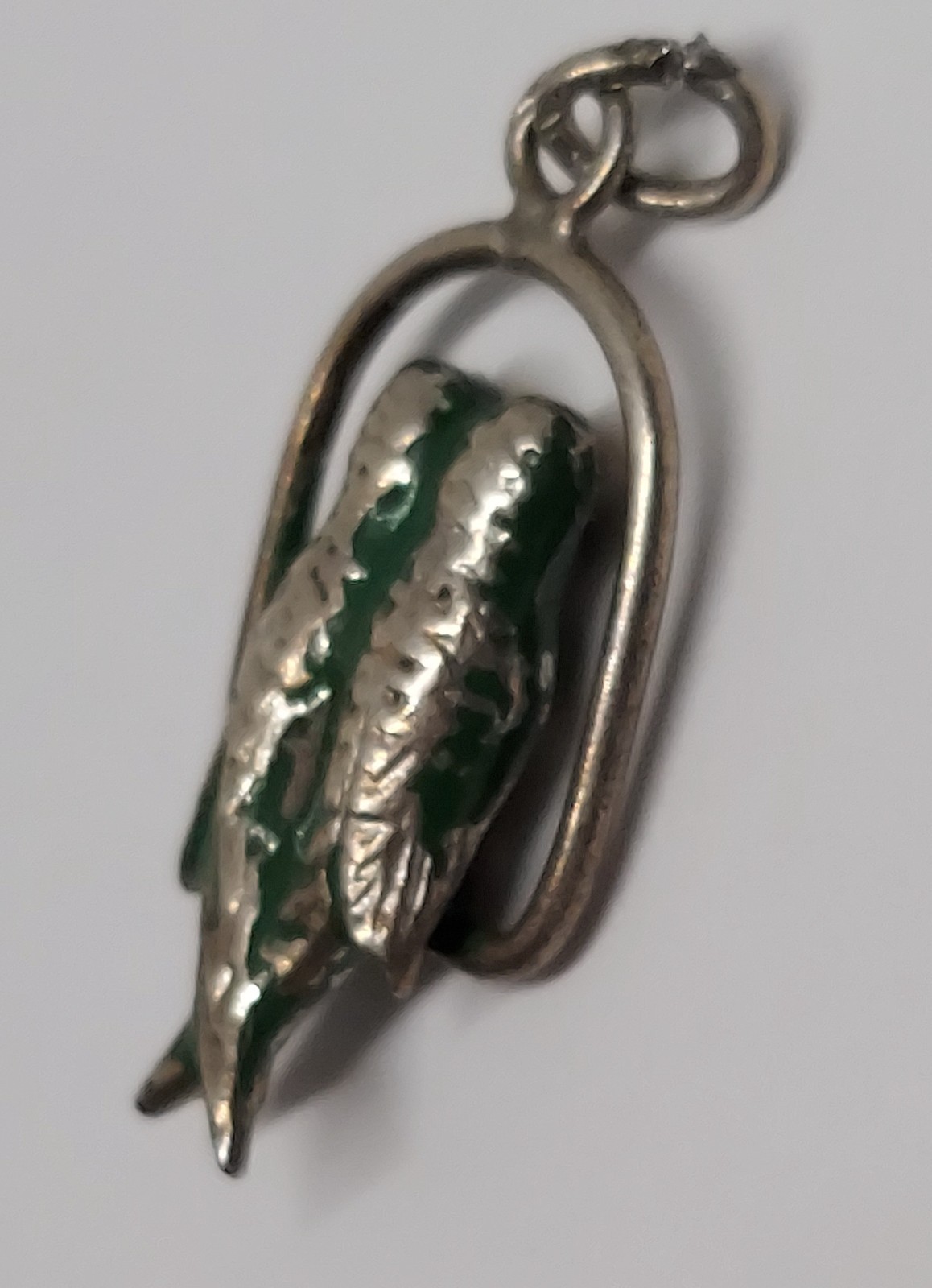 vintage CHARM Sterling Silver 3D enamel green Lovebirds bird parrot