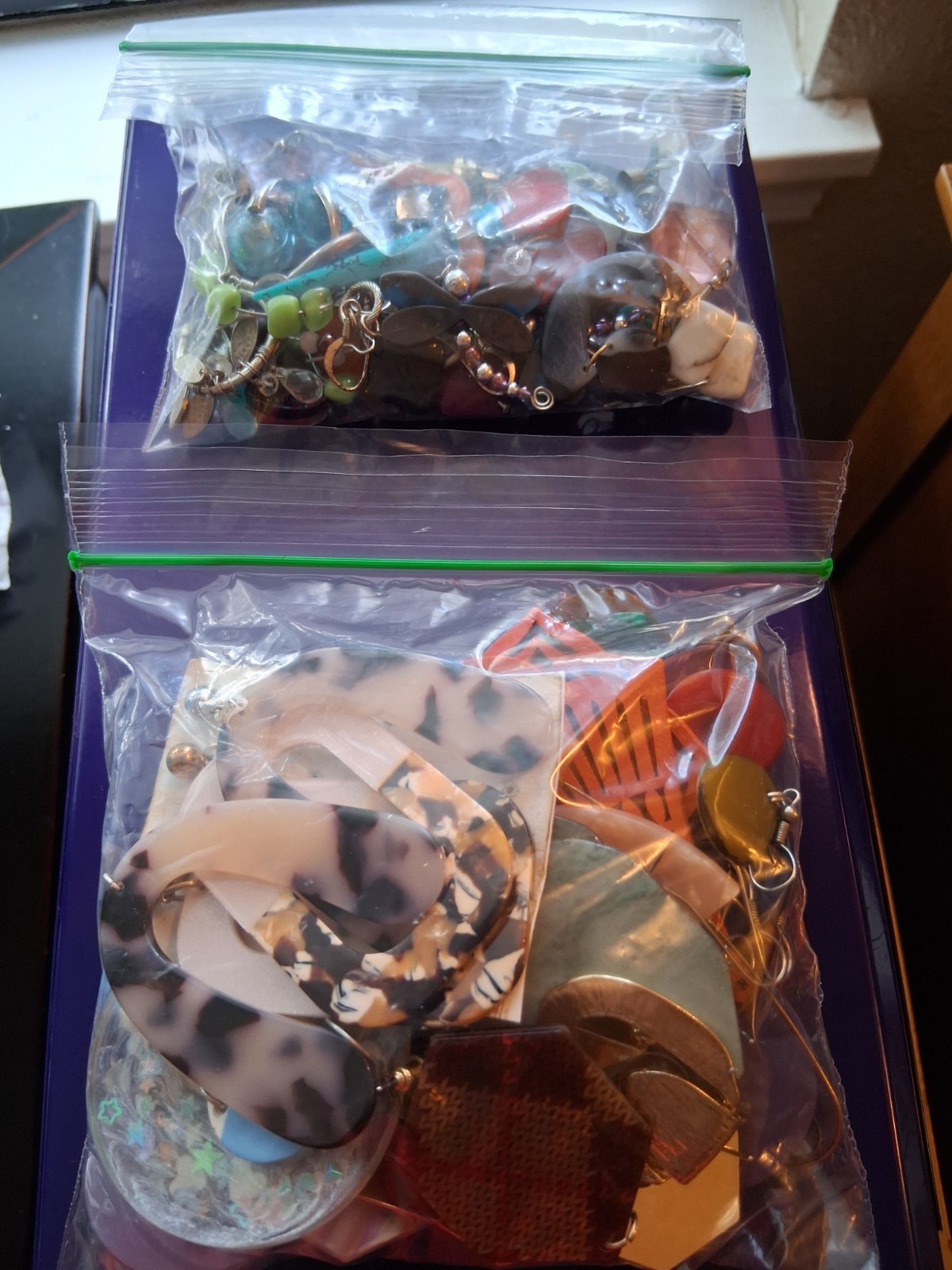 30 + Colorful Glitter Lucite, Acrylics, painted metals, and wood relief earring