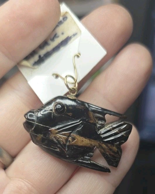 Rare Vintage Black Coral Carved And Polished Fish With 14K Bail Pendant