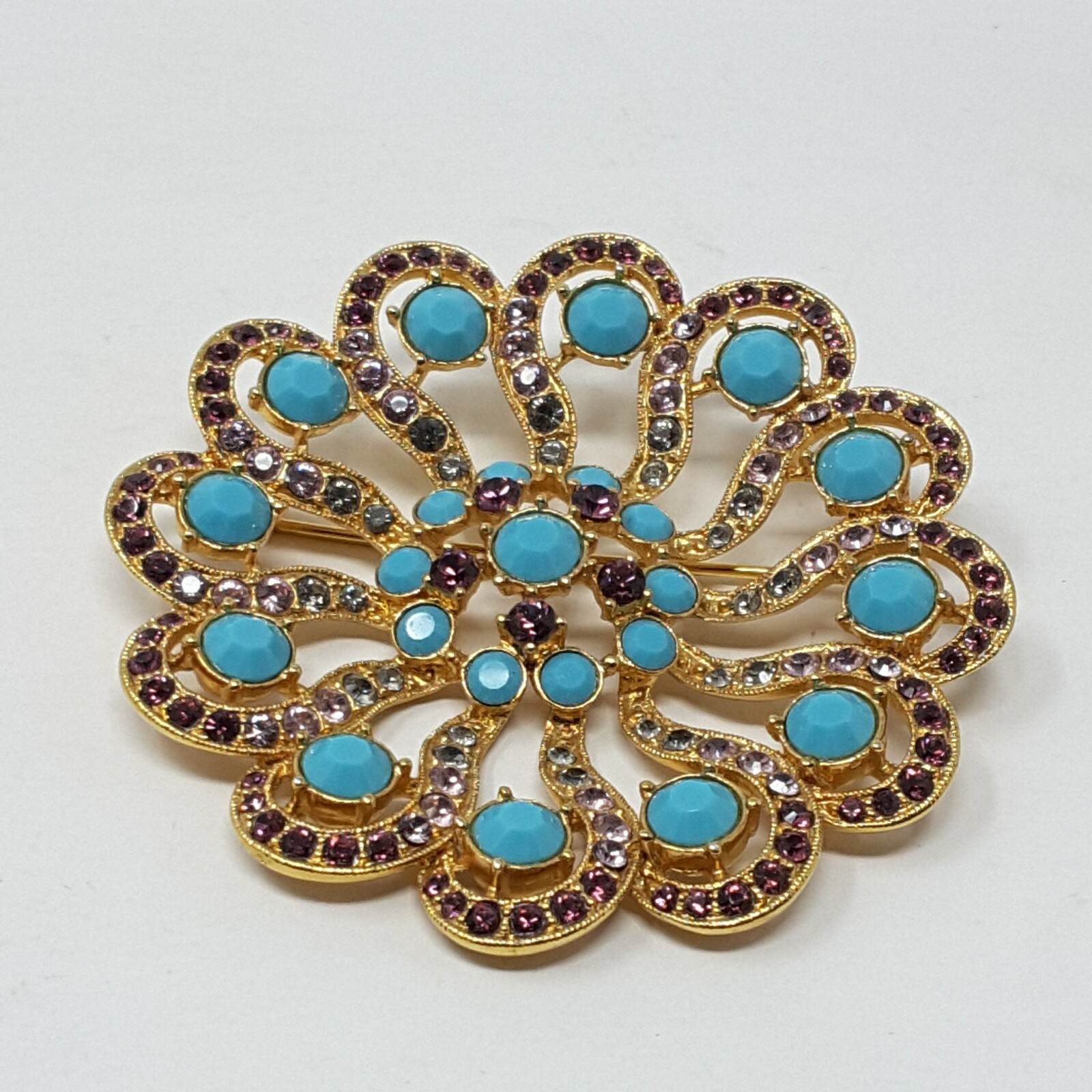 Blue & Purple Stones On Gold Tone Flower Pin