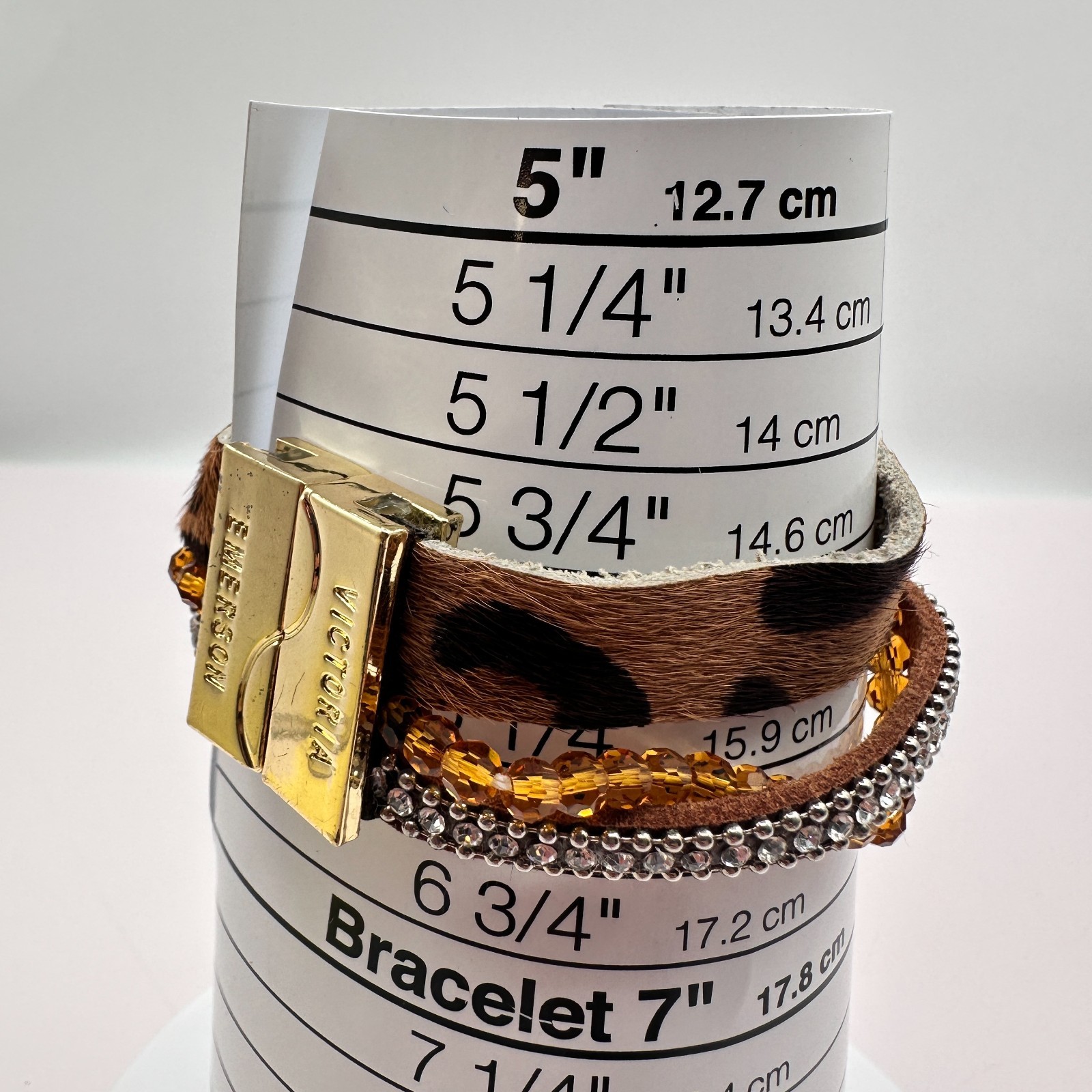 Victoria Emerson Gold Tone Multi Strand Wrap Bracelet Leopard Hair Calf Crystal