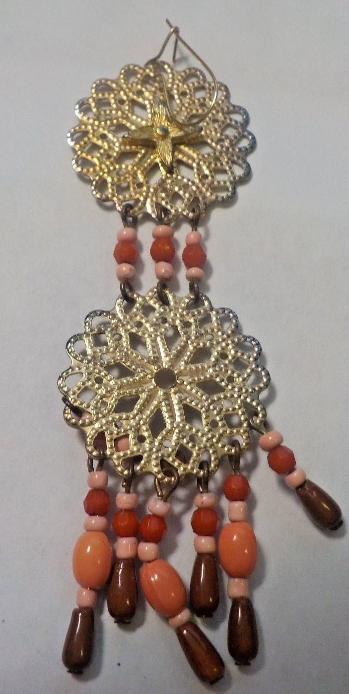 Vintage Peach, Brown & Pink Beads & Gold Tone Dangling Pierced Earrings
