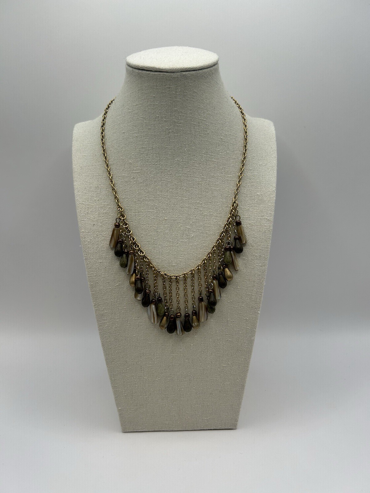 Vintage Boho Fringe Necklace Gold Tone Multi Stone Dangle Bib Statement Earthy