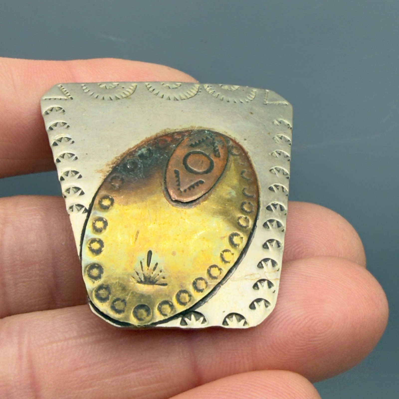Vintage Sterling Silver Bolo Tie Slide Southwestern Stamped Mixed Metal Artisan