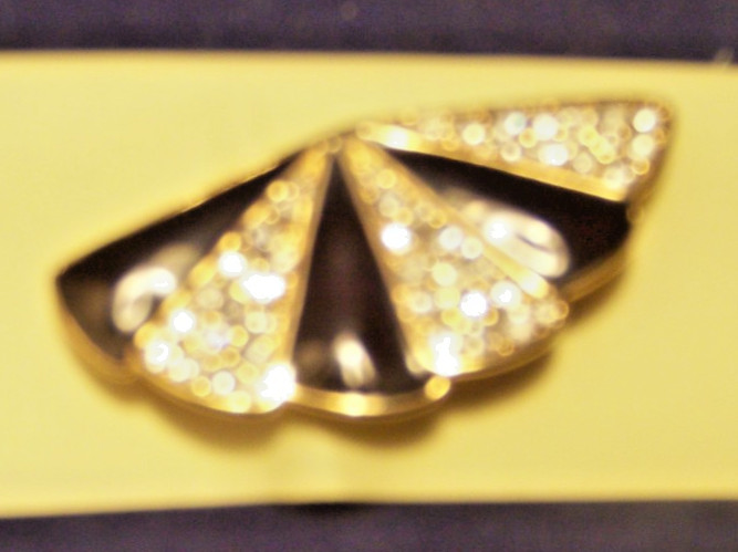 Classic MONET Yellow Plated Fan Pin Gold With Black Enamel and Rhinestones