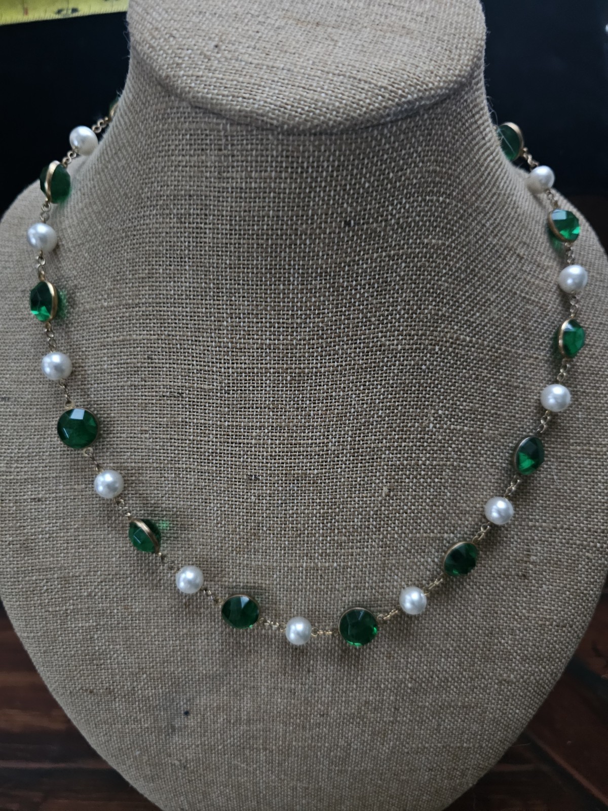 Vtg Green Acrylic Bezel Set Crystal Faux Pearl Goldtone Necklace Screwback Ear