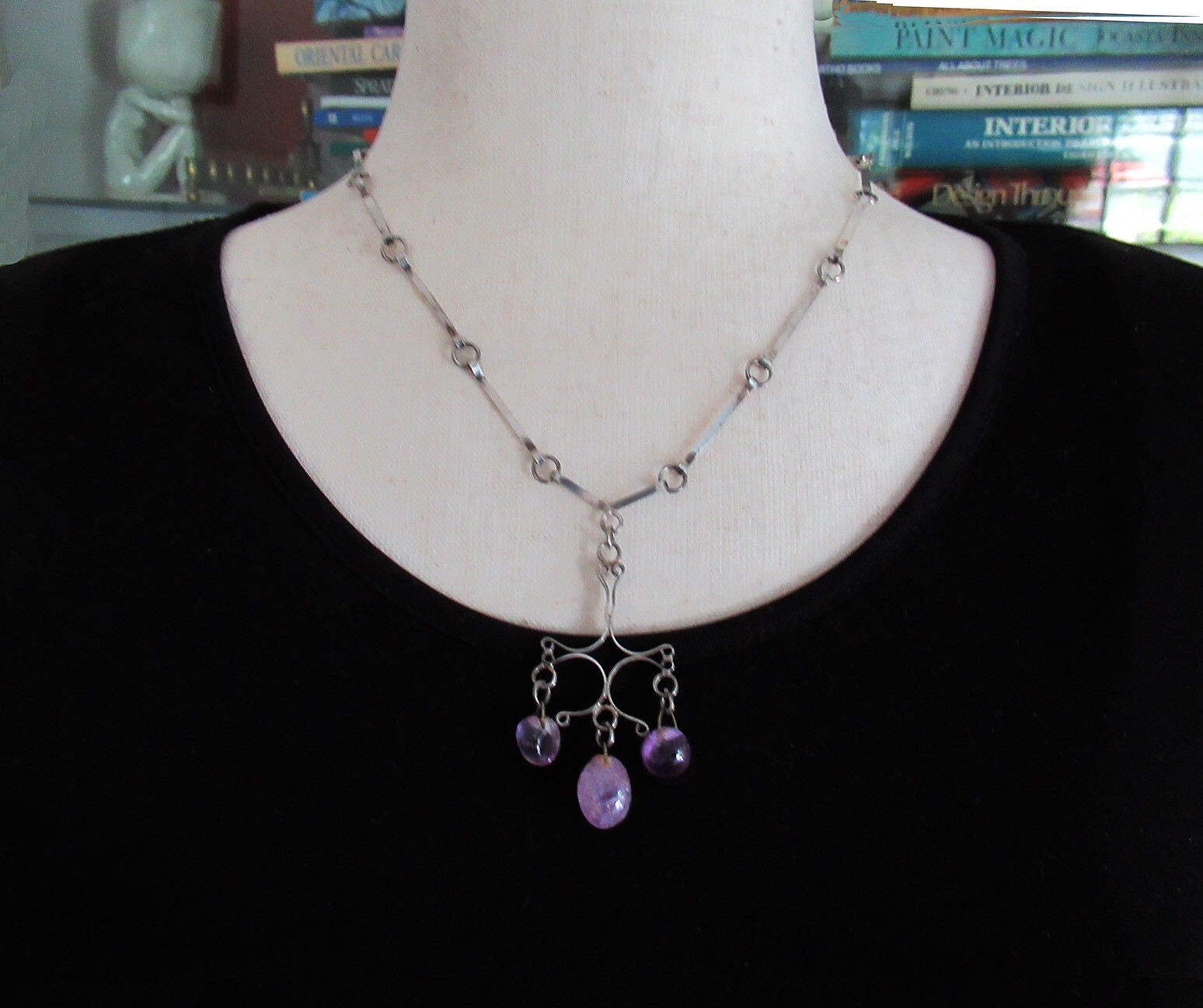 HANDMADE STERLING MODERNIST NECKLACE w AMETHYST, 2 3/8″ PENDANT, 18 INCHES
