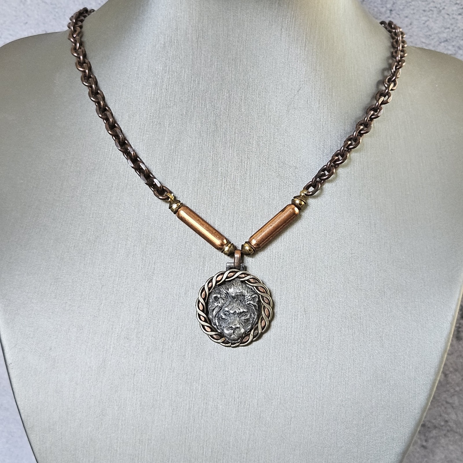 Vintage Lion Head Pendant Necklace Mixed Metal Pewter Copper Bronze Tone Chain
