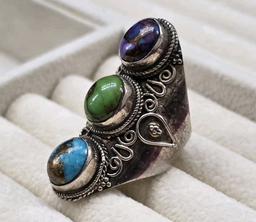 Vtg Blue, Purple & Green Copper Turquoise 925 Sterling Silver Handmade Ring Sz 6