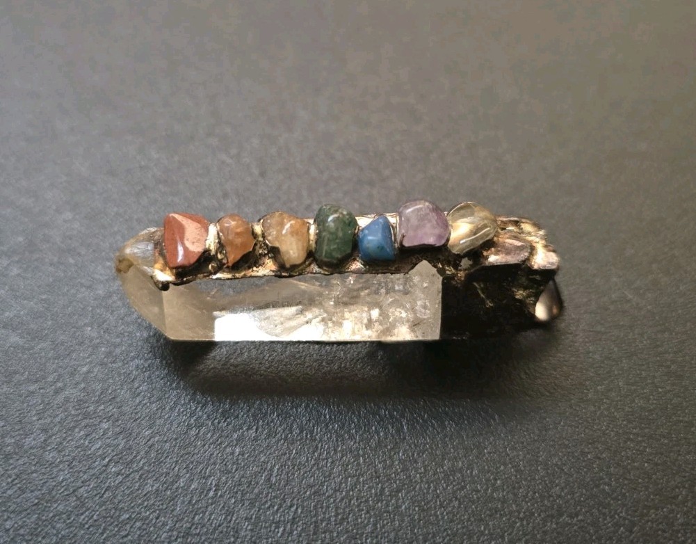 Brutalist Brass Quartz & Stone Pendant Necklace