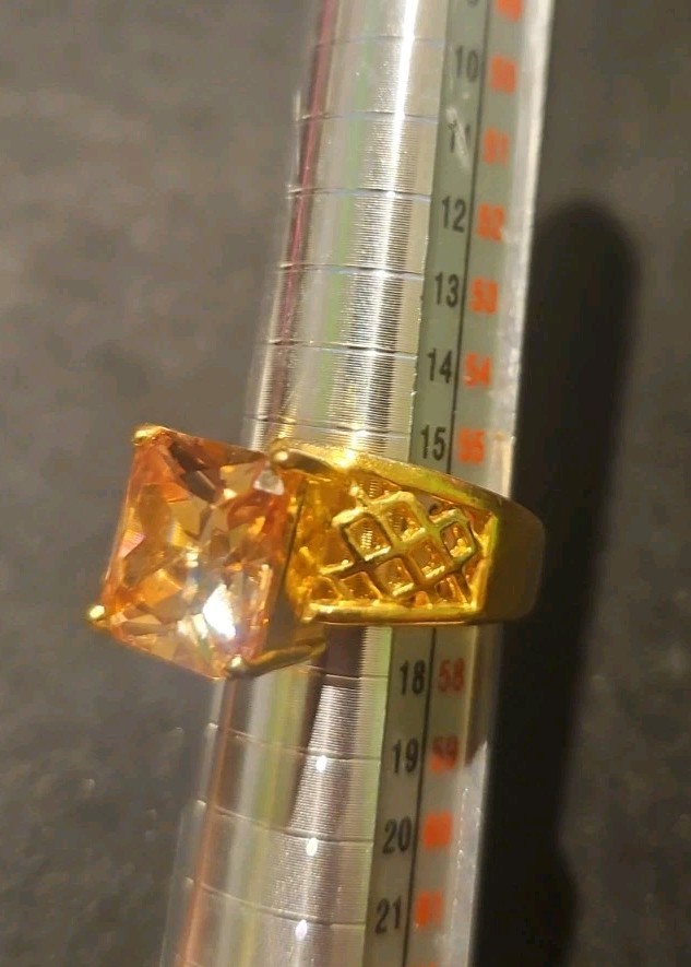 Gold Tone Lattice Statement Ring Amber Orange Citrine CZ Emerald Cut Size 8
