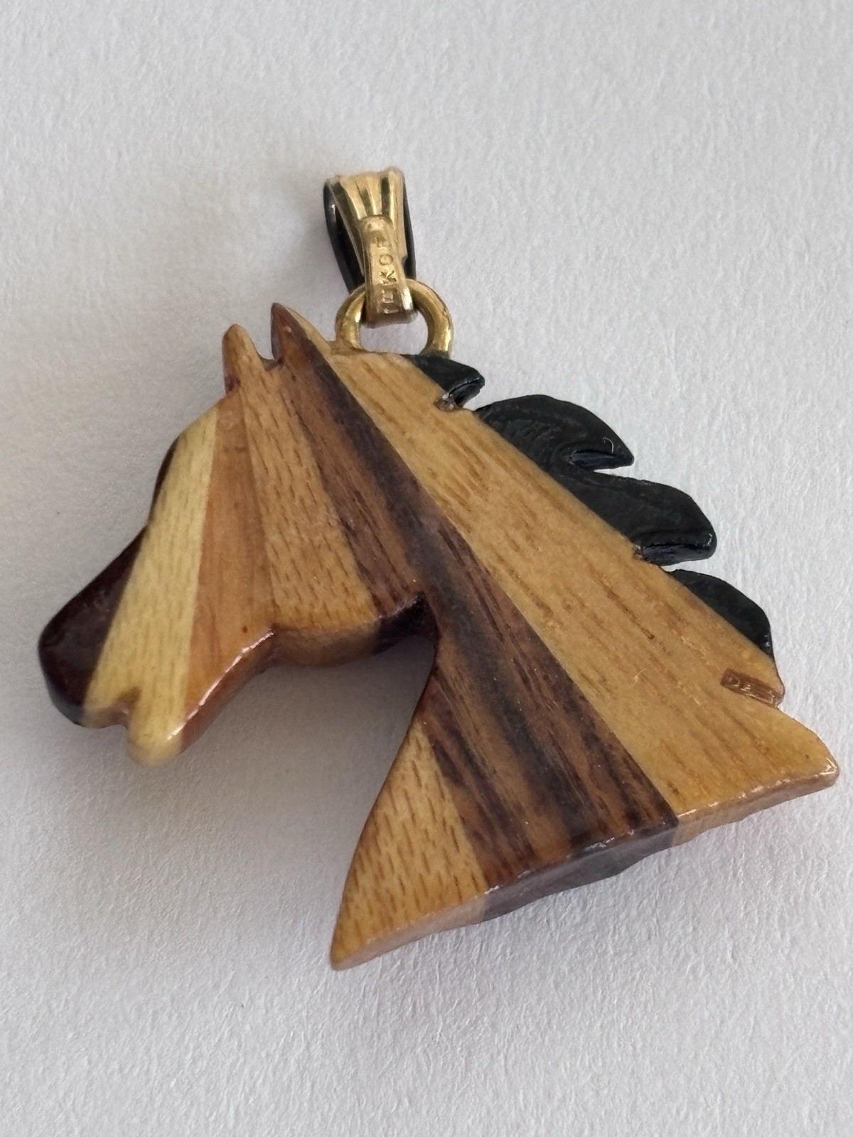 Vintage Hand Carved Wood Horse Head Pendant 1” Equestrian 14K GF Bail