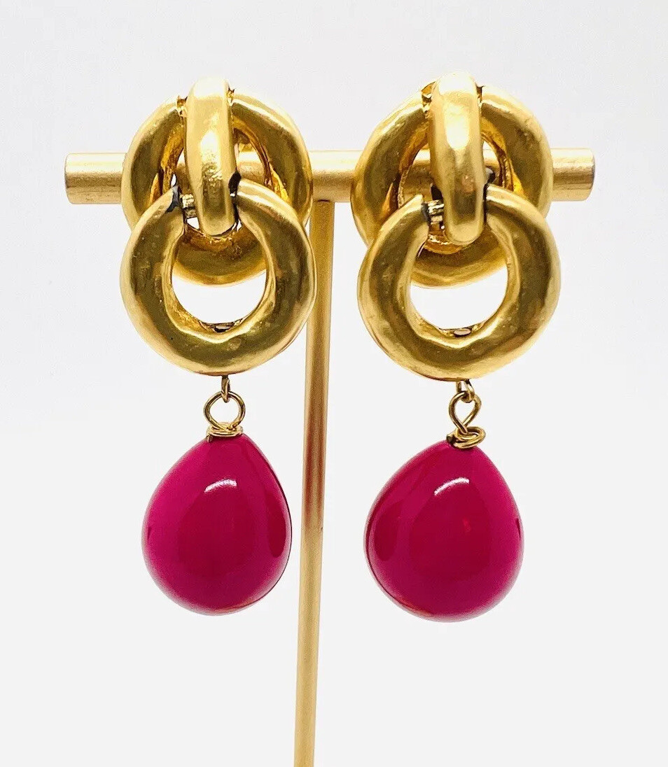 Large LES BERNARD Bright Pink Beaded Drop Dangle Earrings Signed Vintage Jewelry