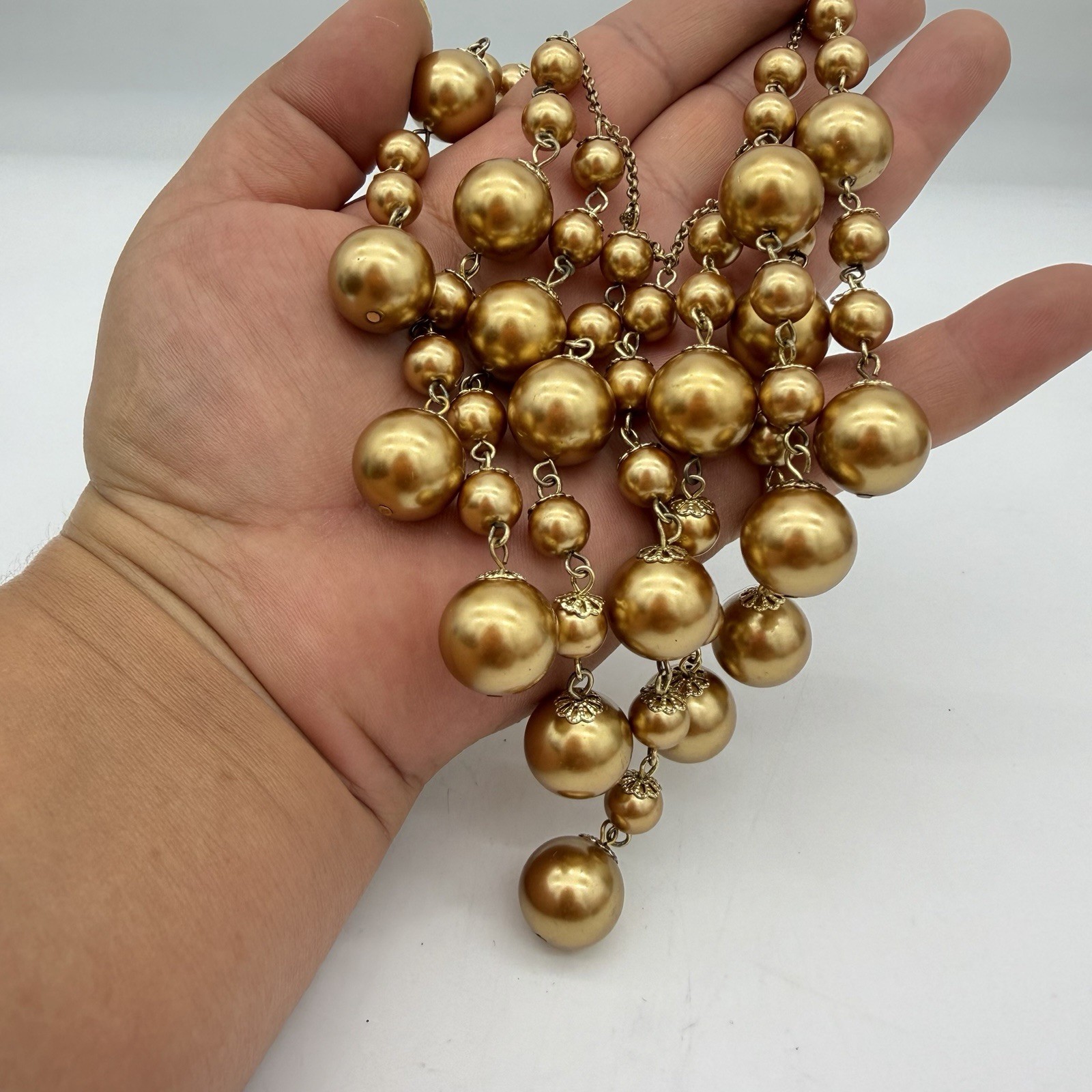 Fringe Necklace Ball Chain Dangle Tassel Gold Tone Pearly Glass Bead Heavy Large
