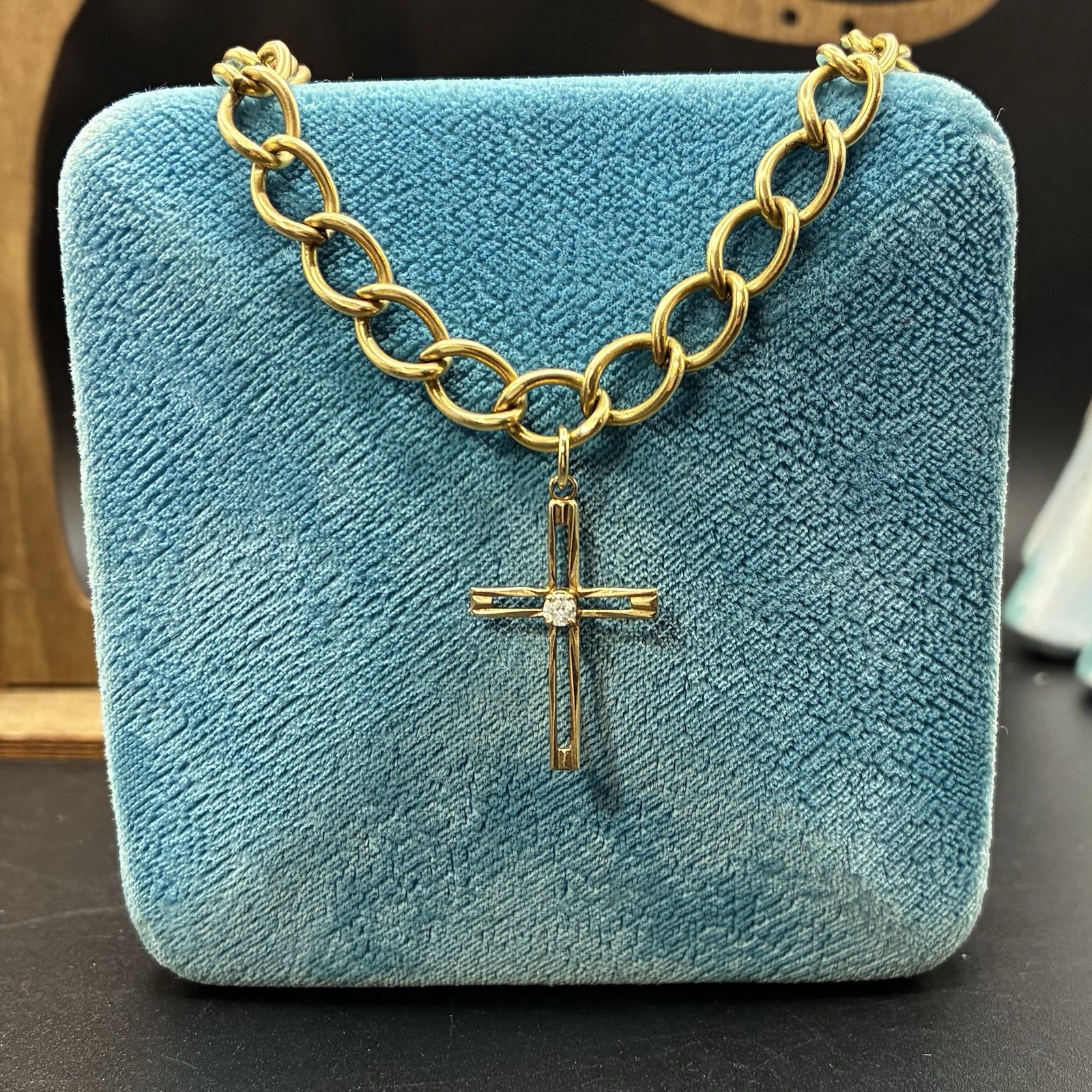 Vintage Estate 12k Gold Filled Starter Charm Bracelet + GF Cross Charm, 8” long