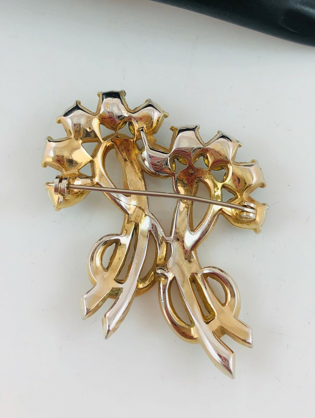 Vintage Estate Fresh Dark Green Glass & Rhinestones Floral Bow Pin Brooch