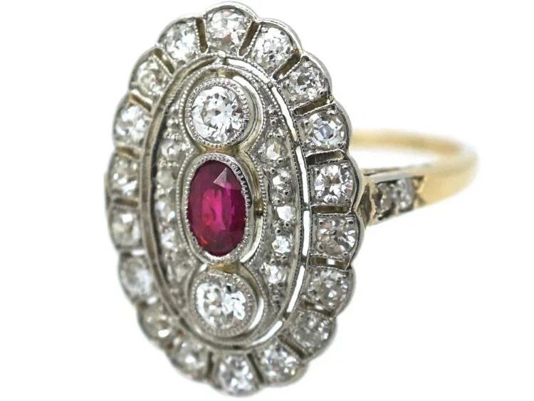 Art Deco Style Ruby & Lab Created Diamond 14K Yellow Gold FN Engagement Ring