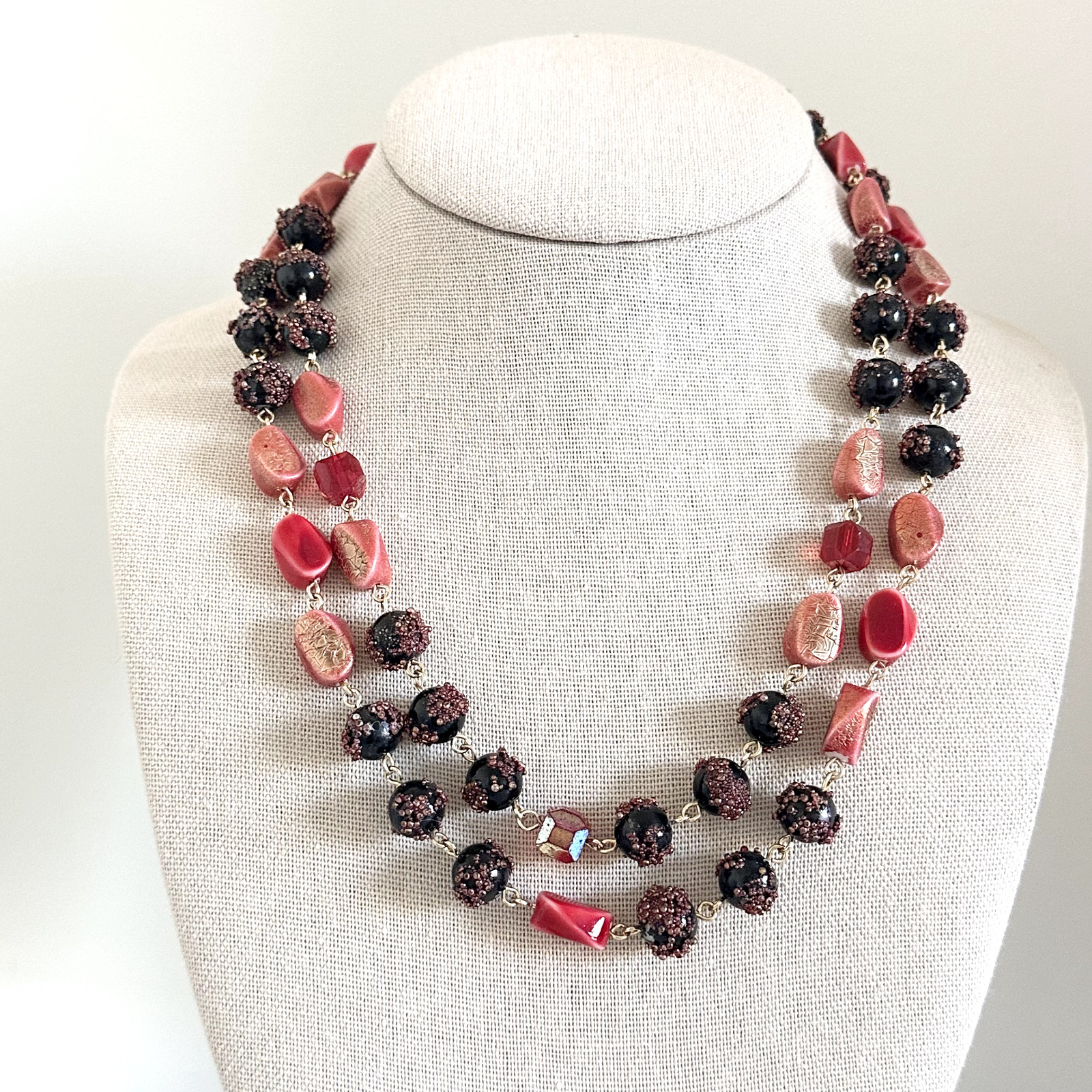Vintage Red Crystal & Acrylic Beaded Double Row 2 Strand Adjustable Necklace