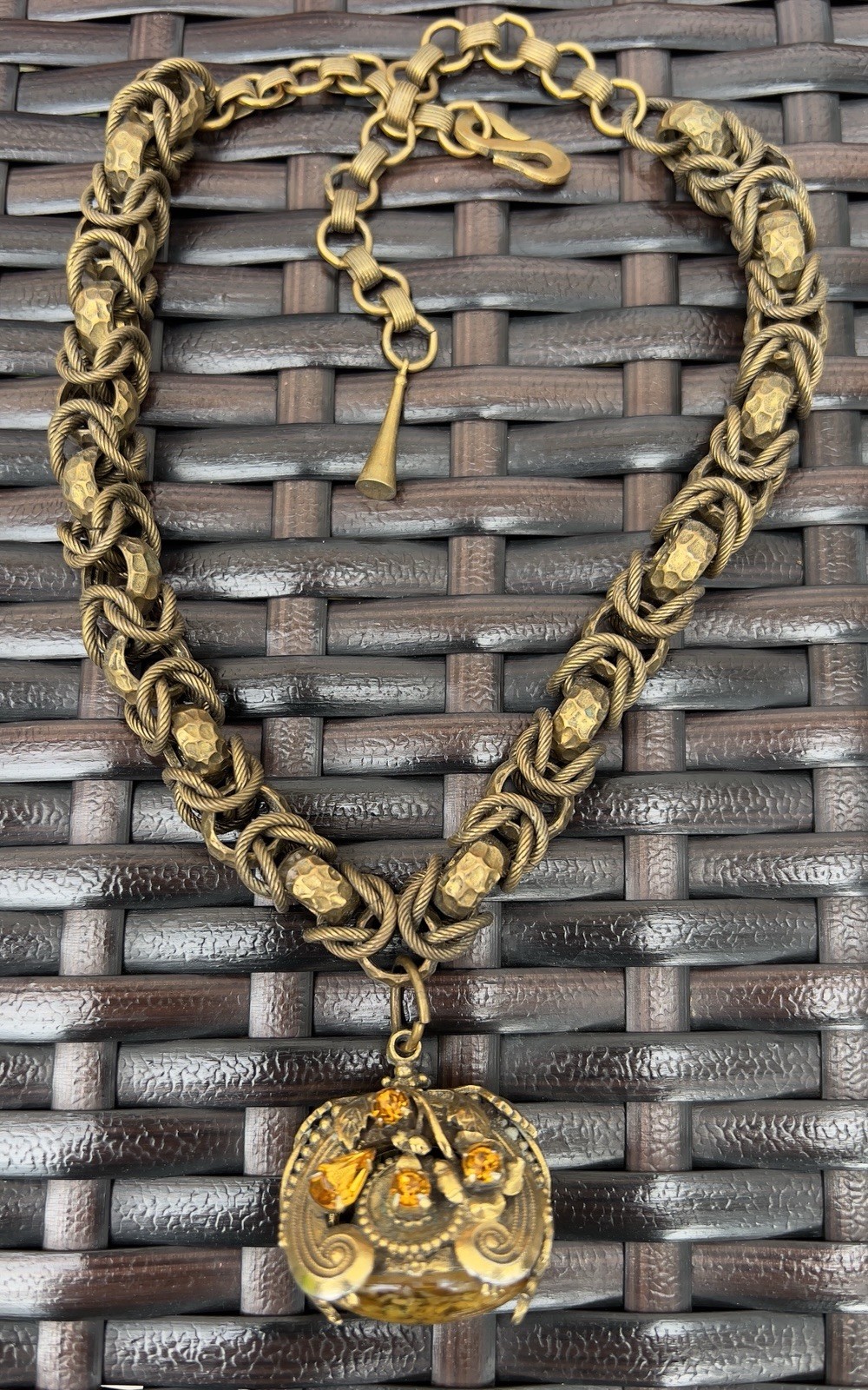 VTG HENKEL & GROSSE Victorian Revival Rhinestone & Art Glass Fob Necklace RUNWAY