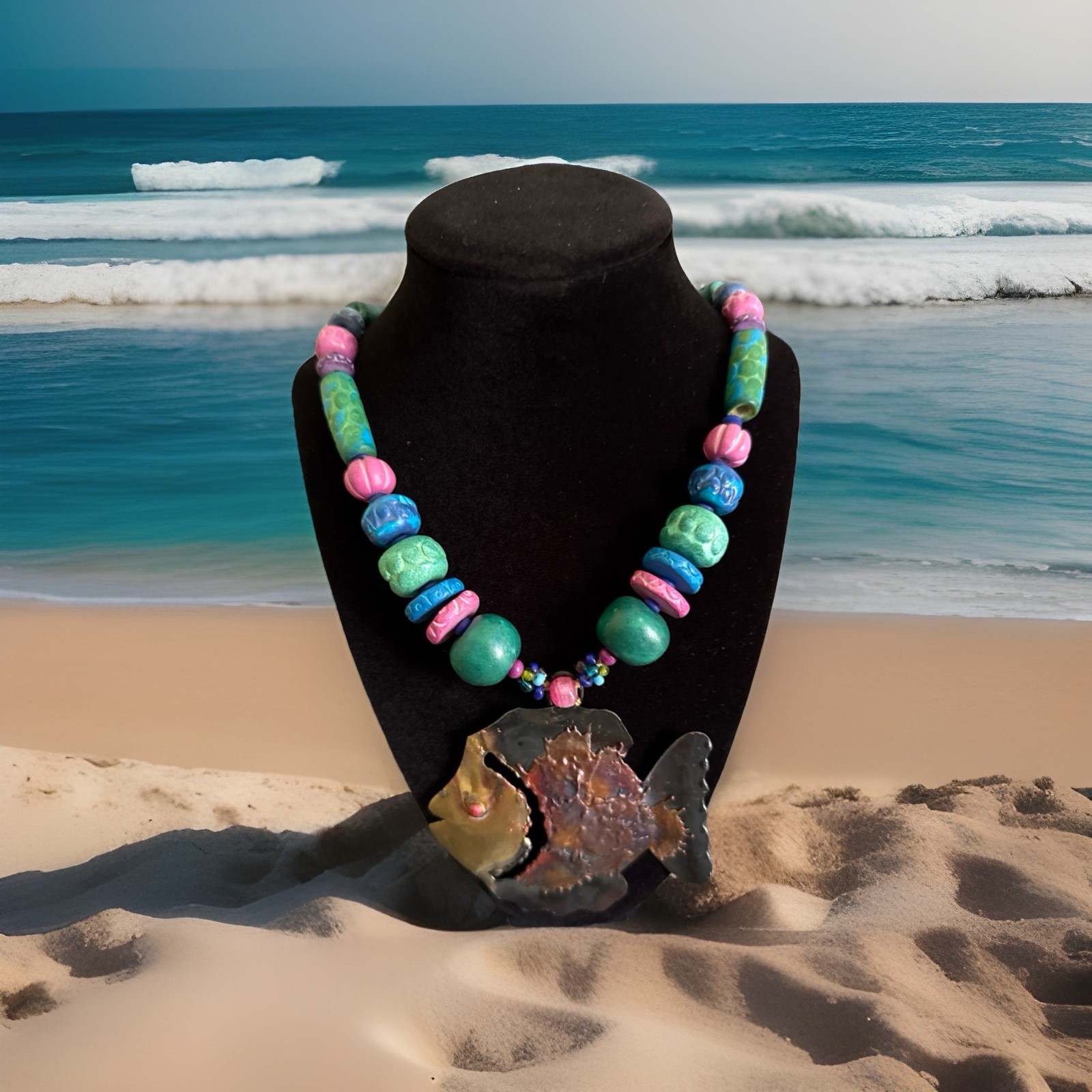 Gorgeous Artisan Made Beads & Mix Metals Large Fish Statement Necklace