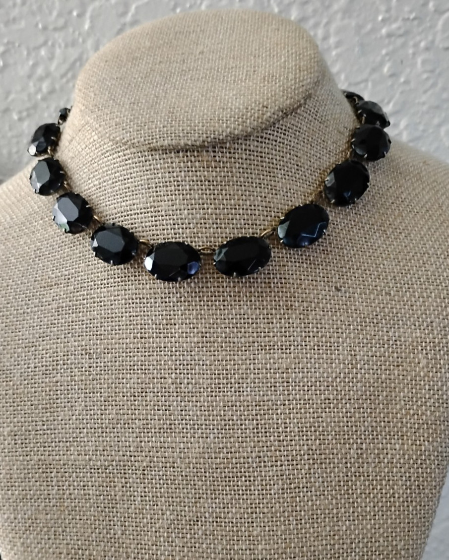 Art Deco Era Bohemian Black Glass Necklace Adjustable 14-18 Inches Beads 5/8 In