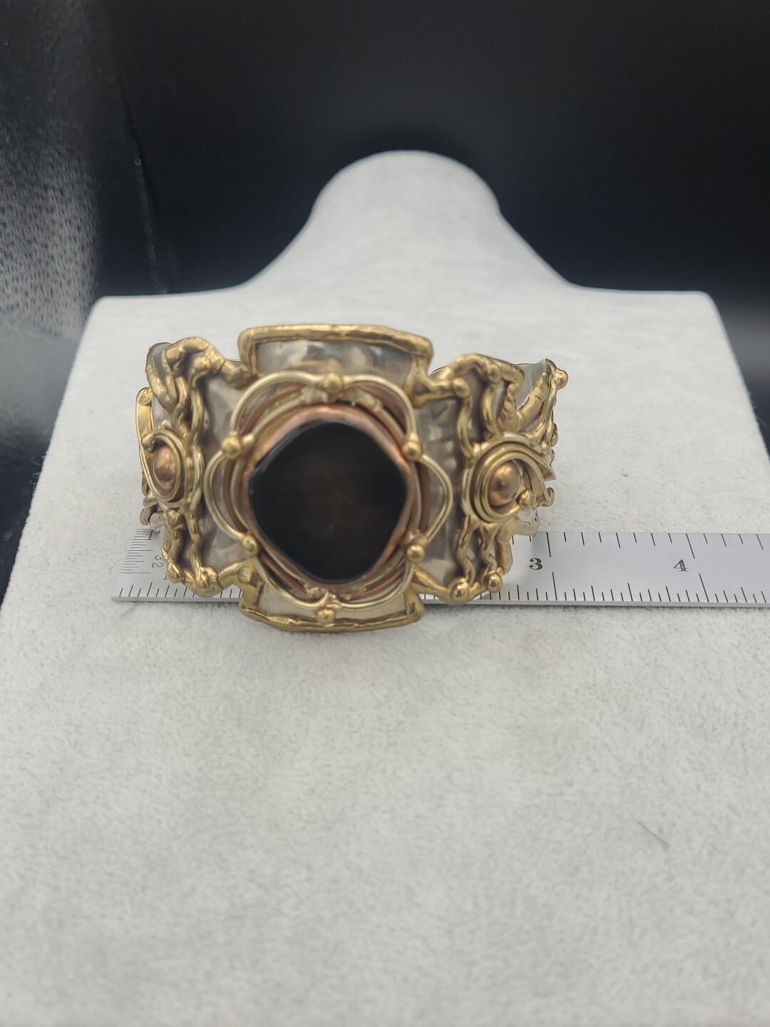 Vtg Mixed Metals Silver Tone Brass Copper Natural Stone Brutalist Cuff Bracelet