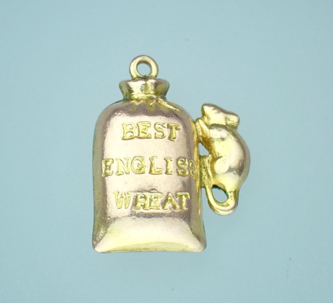 Fun! Antique Victorian Solid 9K Rose Gold Mouse Sack Of Wheat 3D Charm Pendant