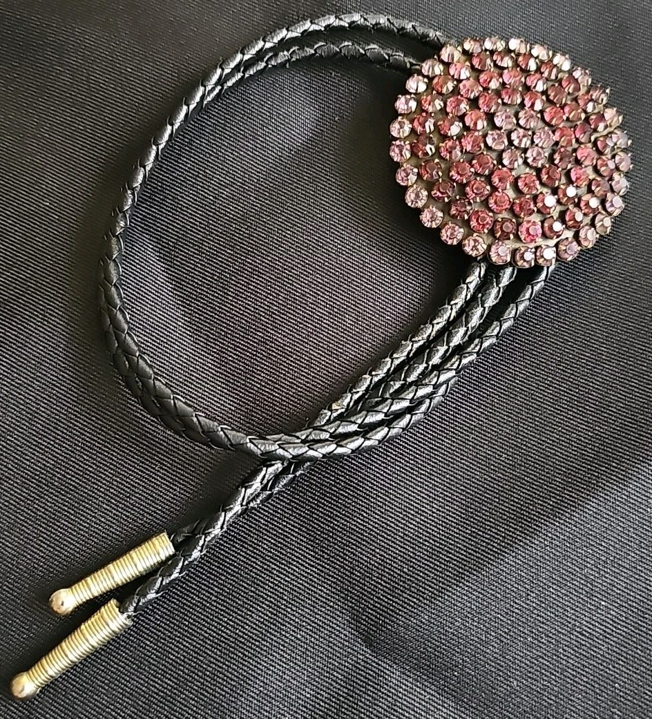 Vintage PINK Rhinestone Lariat Bolo Leather Necklace