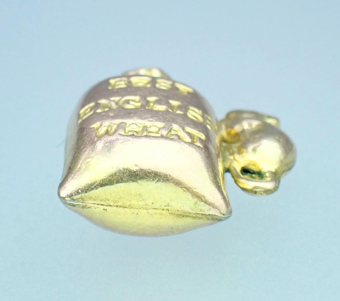 Fun! Antique Victorian Solid 9K Rose Gold Mouse Sack Of Wheat 3D Charm Pendant