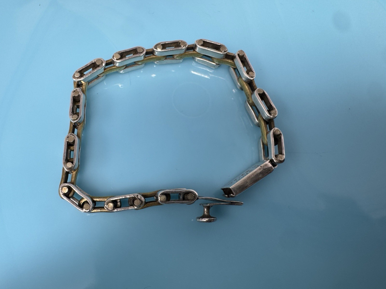 7” Vintage Sterling Silver Brass Taxco Mexico Chain Bracelet Link Tight Clasp 27