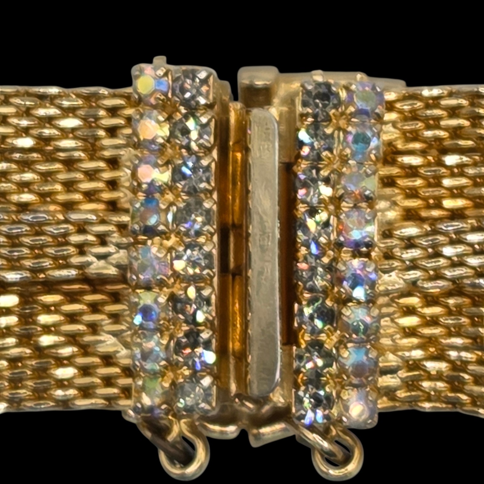 Vintage Hobé Gold Mesh Rhinestone Bracelet 7.25 In. Safety Chain – Signed