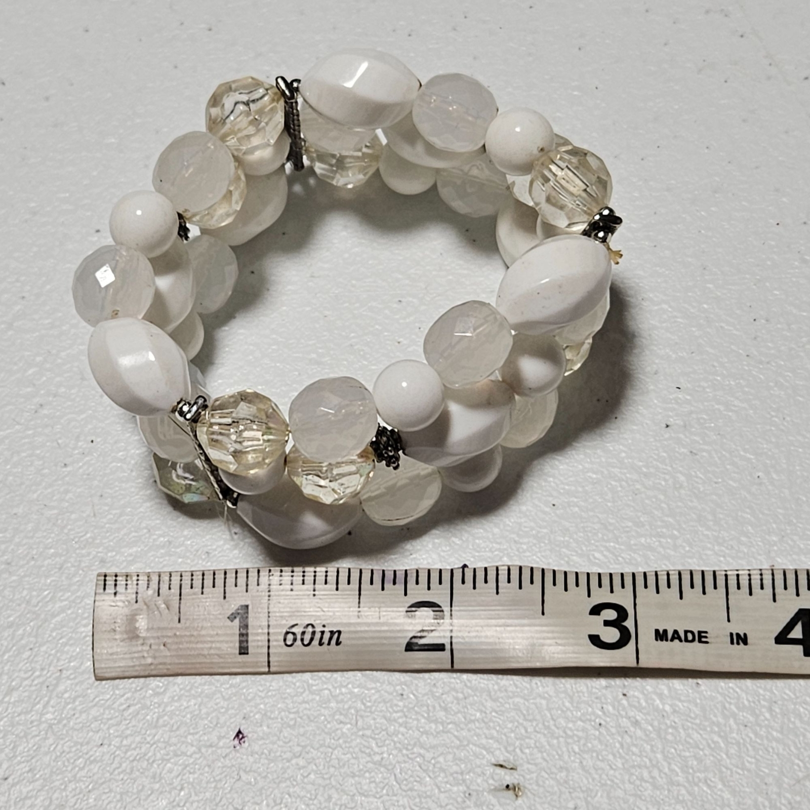 Vintage Beaded Stacked Stretch Bracelet White Clear Beads Retro Fashion Jewelry