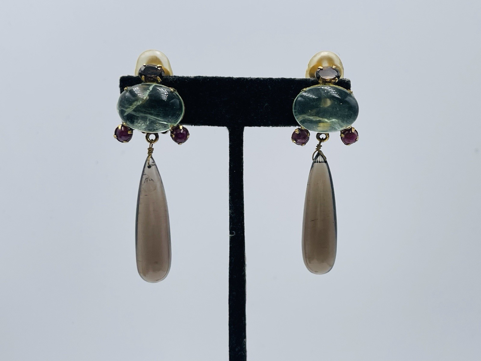Iradj Moini Vintage Gold Plated Green Beryl Smoky Quartz Ruby Dangle Earrings