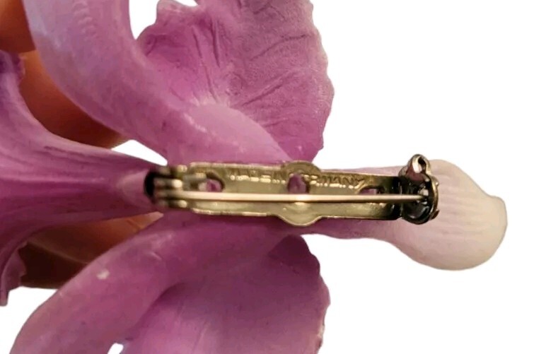 Vintage Acrylic Orchid Brooch With Pearl Purple Germany 2.5″