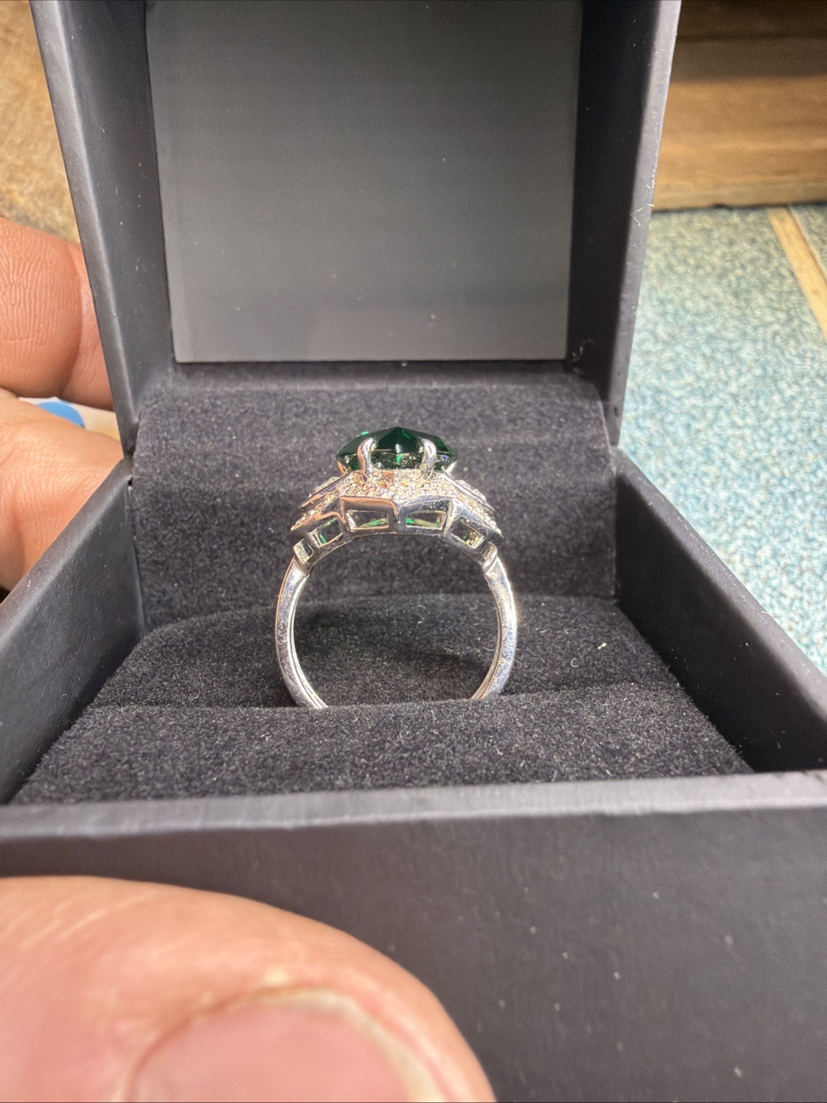 Daniel K Designer Sterling Silver 925 Pear-Cut Green Stone & Half-Moon Ring